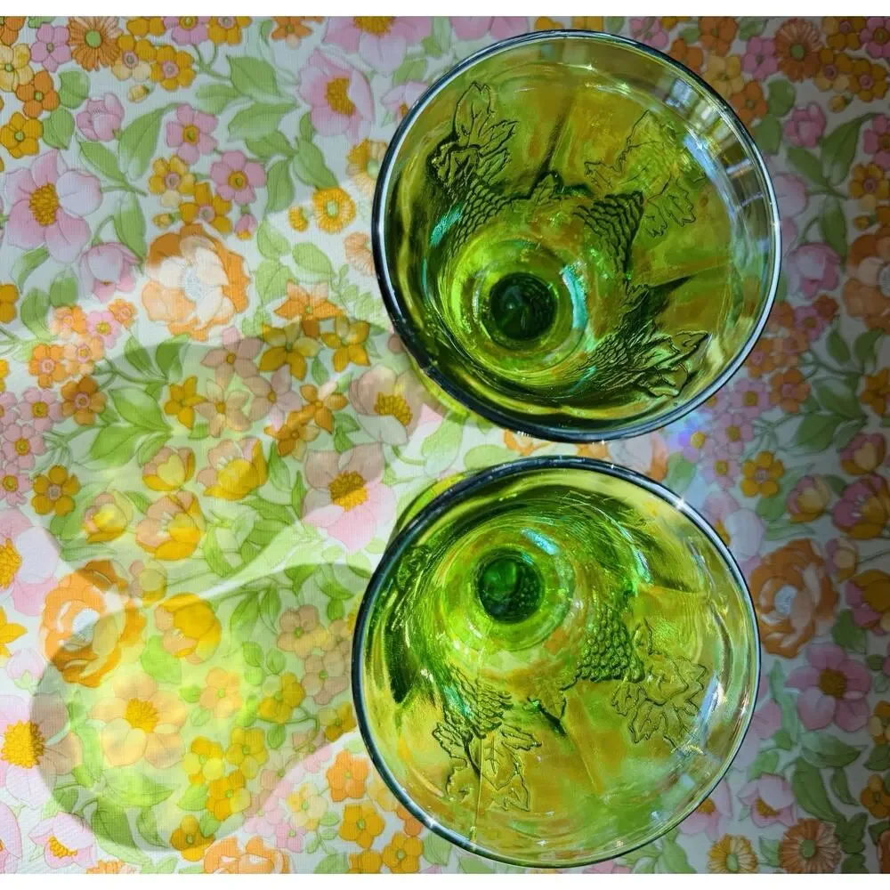 Vintage Indiana Glass Harvest Grape Lime Green Carnival Goblets 1970s Set of 2